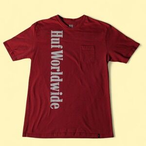 HUF Worldwide Pocket T-Shirt Men XL Burgundy Excellent Vertical Graphic Logo